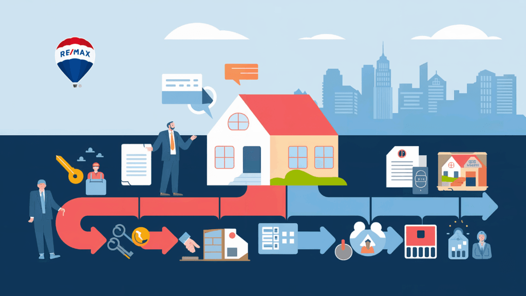 Ilustracja przedstawia schemat procesu zakupu nieruchomości. W centralnym punkcie znajduje się dom symbolizujący nieruchomość, a wokół niego rozmieszczone są kolejne etapy, m.in.: podpisanie umowy, konsultacje z agentem nieruchomości, przekazanie kluczy oraz finalizacja transakcji. Całość w stylu flat design, z zastosowaniem ikon takich jak klucz, dokumenty, geodeta i dom. W tle widoczna jest panorama miasta. Po lewej stronie umieszczono balon z logo firmy RE/MAX, co sugeruje, że grafika może być związana z promocją usług nieruchomości tej firmy.