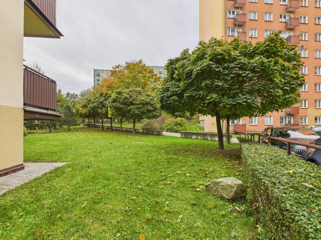 Osiedle mieszkaniowe, zielony trawnik, drzewa.