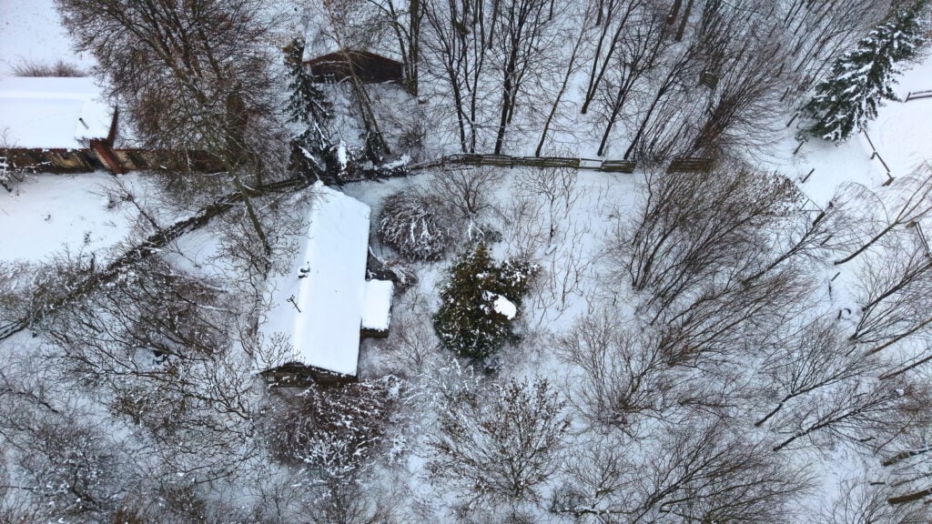 Zimowy krajobraz z domem i ośnieżonymi drzewami z lotu ptaka.