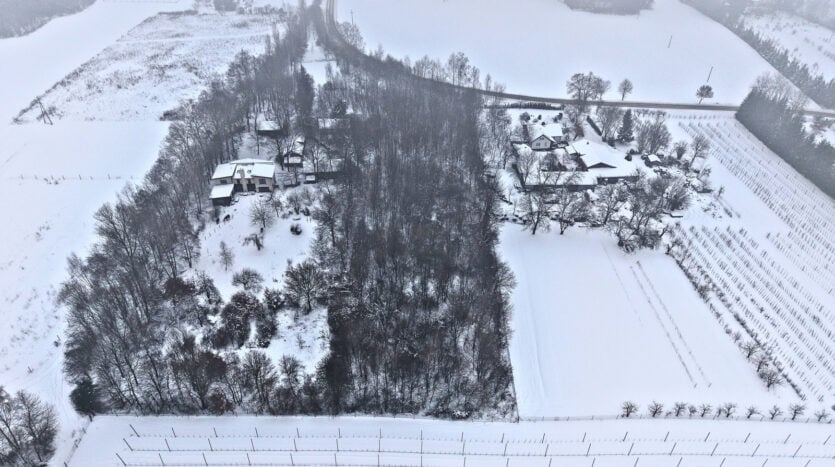 Zimowy krajobraz z lotu ptaka, zaśnieżone domy i drzewa.