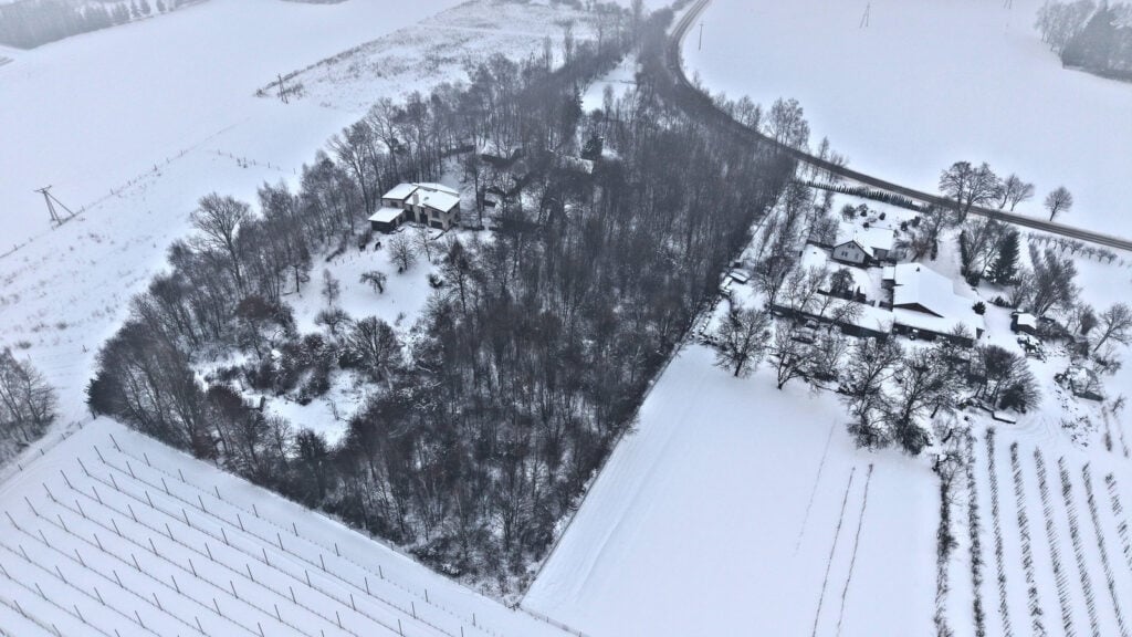 Zimowy krajobraz z lotu ptaka, zaśnieżone pola i domy.
