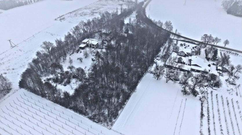 Zimowy krajobraz z lotu ptaka, zaśnieżone pola i domy.