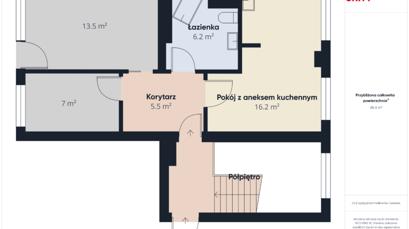 Plan mieszkania z trzema pokojami, łazienką, kuchnią.